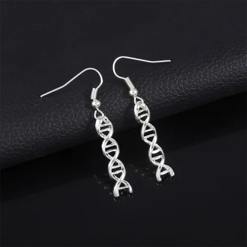 Vista 2 de Aretes de biología de molécula de ciencia química para mujeres y niñas, dije único de microscopio ADN, doble hélice, átomos de carbono, botella