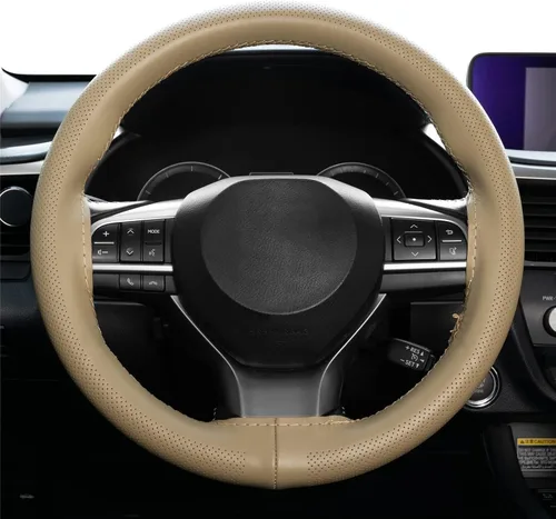 Vista 7 de AUTOXBERT Funda de volante de 38cm/15 pulgadas de piel auténtica para coser a mano, estilo DIY, con hilo y agujas, se ajusta para VW Ford Nissan Kia