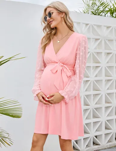 Vista 3 de Coolmee Vestido de maternidad de manga larga con lunares suizos, cuello en V, para otoño, casual, bohemio, vestido midi para baby shower, sesión