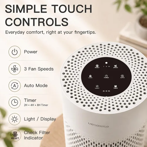 Vista 4 de MegaWise Purificador de aire silencioso de escritorio con 3 velocidades para oficina en casa, filtro HEPA verdadero con sensor inteligente