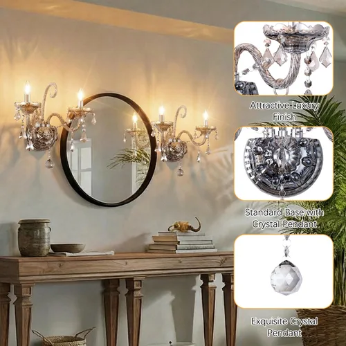 Vista 5 de Apliques de Pared de Cristal Luces de Pared Elegantes Lámpara de Pared de Cristal Gris Retro Juego de 2 Candelabro de Estilo Europeo Adecuado