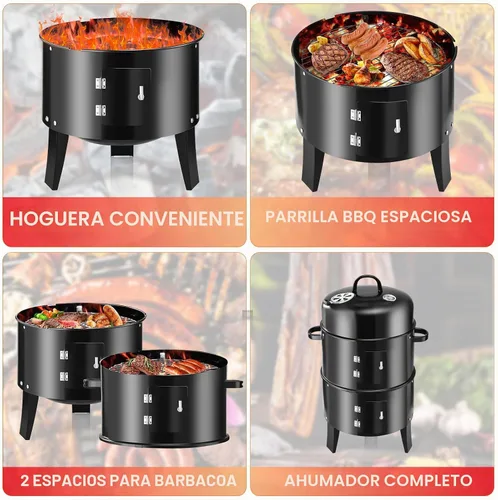 Vista 4 de Parrilla vertical redonda de carbón de 19 pulgadas, ahumador de barbacoa de alta resistencia para ahumar al aire libre, pellets de múltiples capas