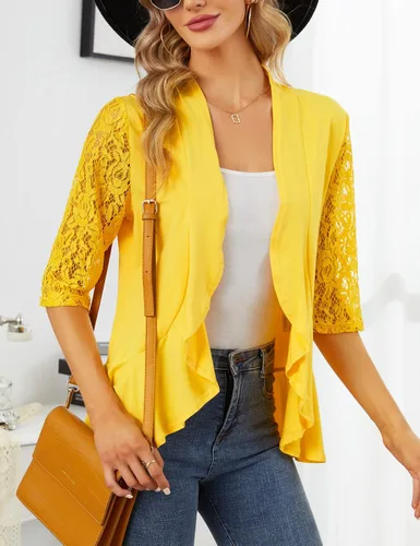 Vista 5 de KOJOOIN Blusas para mujer, ligeras, manga 34, casual, con encaje, parte delantera abierta, con volantes drapeados