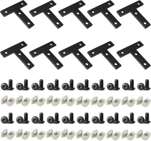 Vista 23 de 10 juegos de perfiles de extrusión de aluminio de la serie 2020, soportes en L de ángulo recto negro con tuercas y pernos de ranura en T M5