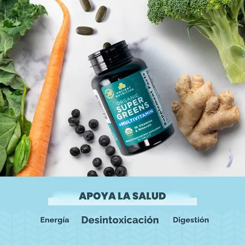 Vista 4 de Ancient Nutrition - Cápsulas multivitamínicas orgánicas Super Greens + probióticos