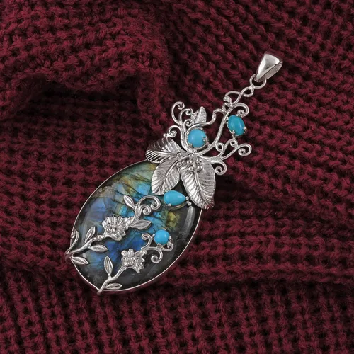 Vista 2 de Bali Legacy - Colgante de plata de ley 925, labradorita natural para dormir, turquesa con flores florales envueltas para mujer, Metal, Labradorita