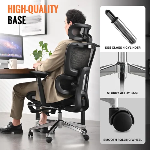 Vista 6 de Silla de oficina ergonómica, silla de escritorio de malla para el hogar, cómoda silla de juegos con reposapiés, ruedas, reposacabezas 2D ajustable