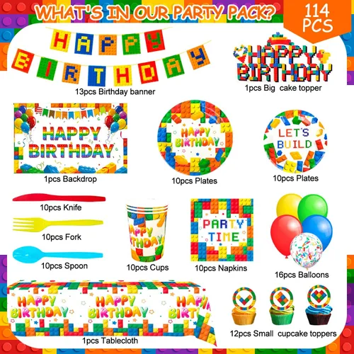 Vista 6 de Bloques de construcción, suministros para fiesta de cumpleaños, 10 invitados, bloques de construcción, bloques de construcción, platos de fiesta
