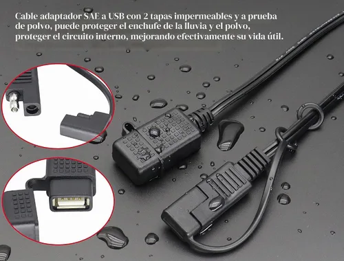 Vista 7 de 18AWG a USB Cable con conector de alimentación de puerto USB impermeable SAE a 2.1A - 3.2 pies/1M, a prueba de polvo, 12-24V a 5V 2A adaptador