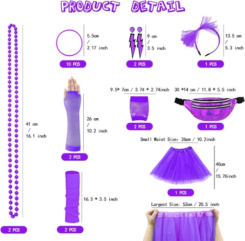 Vista 2 de WILDPARTY Accesorios de disfraz de los años 80 para mujer, camiseta, tutú, riñonera, diadema, aretes, collar, guantes de red, calentadores de piernas