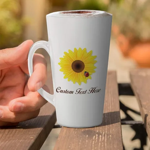 Vista 5 de Taza de café con leche personalizada de cerámica Taza de girasol y mariquita Naturaleza Flores y plantas Taza de té 12 Oz Texto personalizado aquí