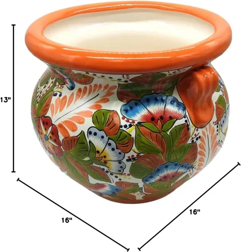 Vista 9 de Michoacana - Maceta mediana pintada a mano, para interiores y exteriores, multicolor Naranja