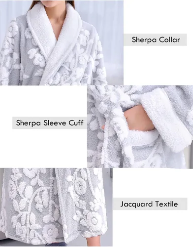 Vista 6 de Bata de baño de forro polar para mujer, larga y cálida, de lujo, mullida, con patrón jacquard