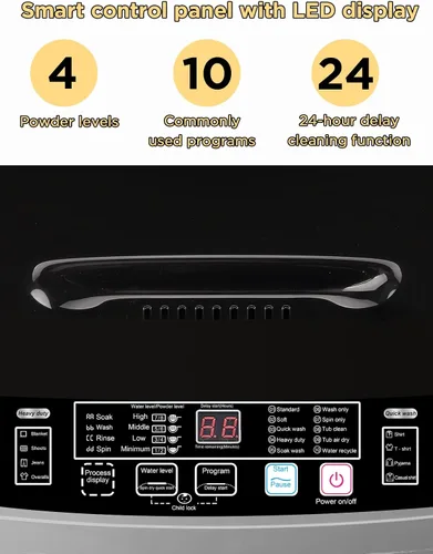Vista 3 de Krib Bling Lavadora completamente automática de 17.7 libras con pantalla LED, lavadora de lavandería compacta portátil con bomba de drenaje, 10 Gris