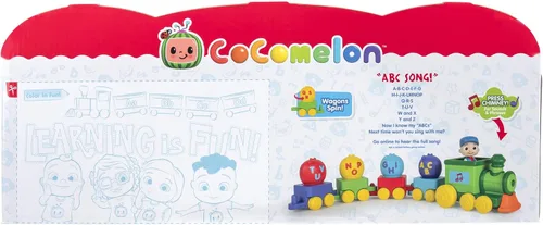 Vista 6 de CoComelon Tren musical del alfabeto con características JJ con música, sonidos y frases: 4 carros del alfabeto, 1 figura de director JJ, reproduce