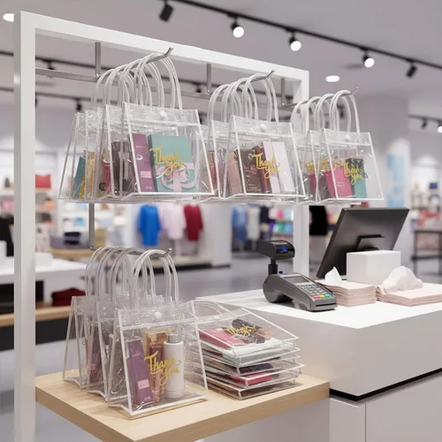 Vista 6 de Leinuosen - 50 bolsas de regalo transparentes con asas de 5.9 x 5.1 x 2.76 pulgadas, bolsas de agradecimiento de PVC transparente, suministros