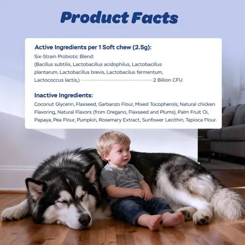 Vista 5 de Masticables suaves probióticos para perros, mezcla de 6 cepas para la salud digestiva e inmunológica, apoya el equilibrio intestinal, reduce