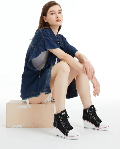 Vista 6 de Zapatos deportivos de cuña para mujer, plataforma de tacón alto, zapatos de lona con cordones y cremallera, zapatos de tenis de plataforma