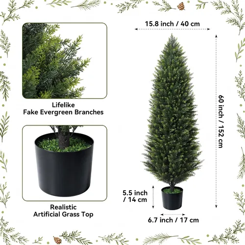 Vista 2 de Árboles de ciprés artificiales de 5 pies, 2 árboles de cedro sintético resistentes a los rayos UV para macetas al aire libre, arbustos de cedro