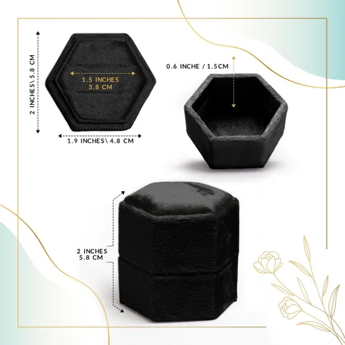 Vista 2 de Caja de terciopelo para anillos, color negro, con 2 ranuras, exquisita caja para anillos de boda, preciosa caja hexagonal para anillos de boda