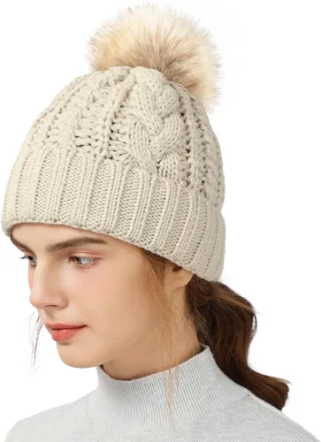 Vista 7 de Avisky Womens Winter Knitted Beanie Hat with Faux Fur Winter Hats for Women Fur Pom Warm Knit Skull Cap Thick Beanie Hat