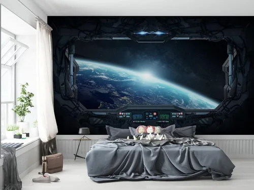 Vista 8 de Niwo ART - Mural de pared Astronauts Explorando Asteroid Spaceship B, Universe Papel tapiz autoadhesivo grande autoadhesivo (64 x 96 pulgadas)