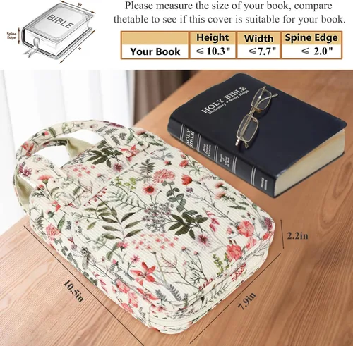 Vista 5 de DSIUE Funda para la Biblia para niños, funda de pana para llevar la Biblia, soporte para libros, bolsa con asa y bolsillos, diseño floral de retazos