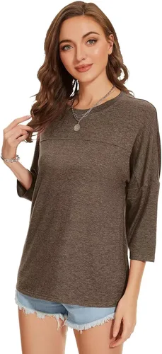 Vista 9 de ZENNILO Camisetas casuales de manga 3/4 para mujer, holgadas, cuello redondo, lindas camisetas básicas