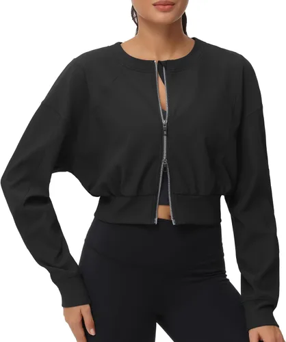 Vista 6 de THE GYM PEOPLE Chaquetas cortas para mujer, con cremallera completa, manga larga, acanaladas, sudaderas de entrenamiento, ligeras, casuales