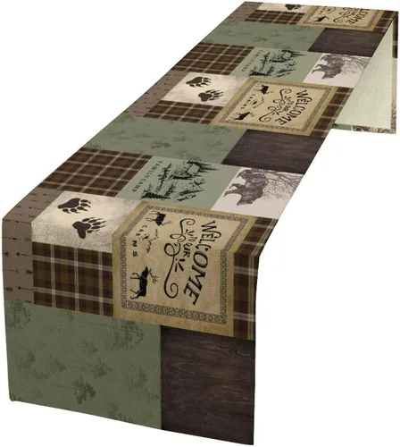 Vista 2 de Camino de mesa rústico de oso, estilo campestre, pino, alce, vida silvestre, para decoración del hogar, cocina, mesa de comedor, 13 x 36 pulgadas