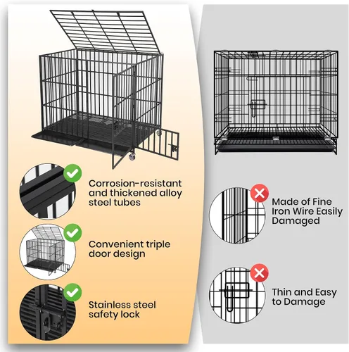 Vista 8 de Jaula para perros a prueba de alta resistencia – Perrera de metal XL con 3 puertas, bandeja extraíble y ruedas, jaula para perros