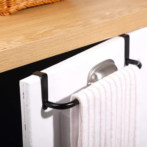 Vista 5 de 2 piezas barra toallero de metal para gabinete de cocina, barra toallero de acero para colgar en el interior o exterior de las puertas, hogar, Negro