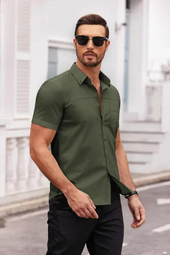 Vista 3 de COOFANDY Camisas de vestir para hombre, de manga corta, de algodón, casual, con botones, con bolsillo