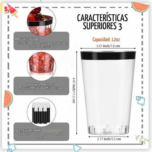 Vista 2 de Patelai 100 vasos de plástico negros de 12 onzas desechables con borde