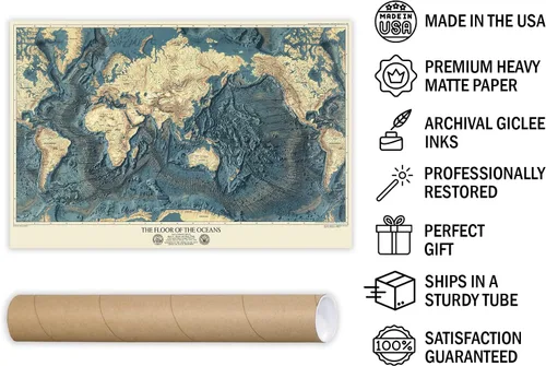 Vista 4 de Suelos oceánicos mundiales y alivio de la tierra 1976 - Impresión de mapas topográficos históricos - 24 x 16 pulgadas