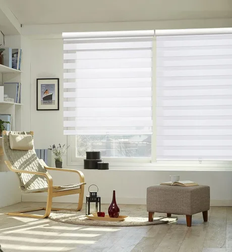 Vista 2 de MiLin Persianas sin cordones estilo cebra para ventana, persianas y persianas de doble capa, corte personalizado a la medida, con control de luz