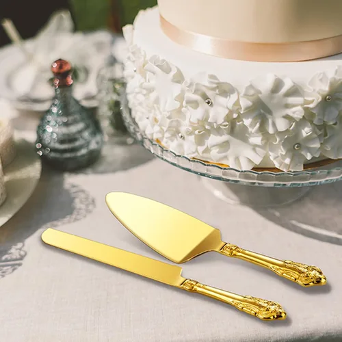 Vista 2 de KEAWELL Magnífico juego de cuchillos y servidor para pastel de boda, acero inoxidable 18/10, juego de corte de pastel de lujo fino (dorado)