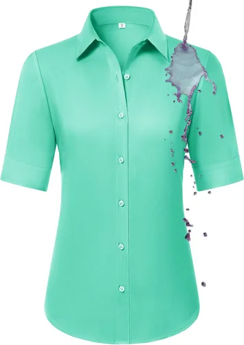 Vista 16 de Camisas con botones para mujer, ajustadas, de manga corta, con cuello, sin arrugas