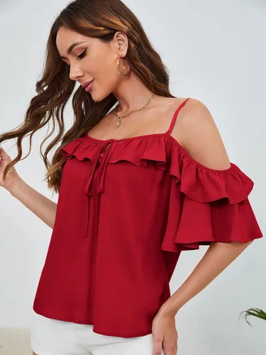 Vista 3 de WDIRARA Blusa de manga media con volantes y lazo frontal para mujer