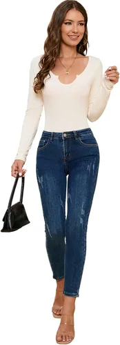 Vista 4 de Sanifer Body de manga larga con cuello en V para mujer, elástico, básico, sexy, body