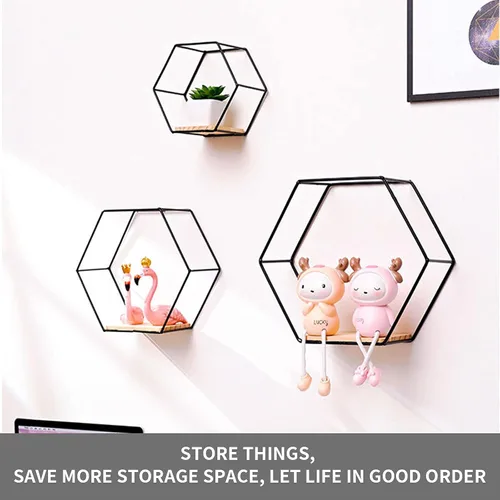 Vista 7 de Estantes flotantes hexagonales montados en la pared, juego de 3 en diferentes tamaños, estante de pared de metal moderno, estantes de almacenamiento