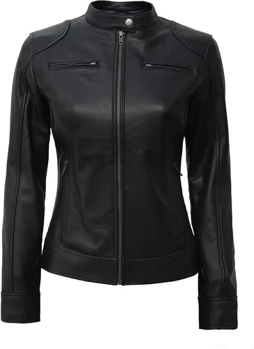 Vista 3 de Blingsoul - Chaqueta de cuero marrón para mujer, estilo Cafe Racer negro para mujer