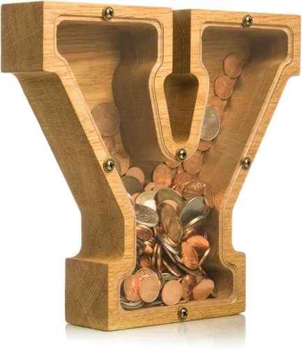 Vista 23 de Alcancía de madera personalizada con letra para niños, niñas y adultos, bancos de monedas de madera de roble duradero, 3 tamaños para elegir