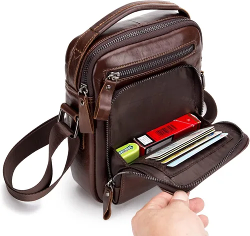 Vista 3 de BAIGIO Bolso bandolera de cuero genuino para hombre, bolso de hombro pequeño, bolso de mensajero para hombre, bolso para iPad, bolsa de viaje
