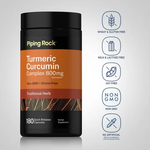 Vista 3 de Piping Rock Suplemento de curcumina de cúrcuma 180 cápsulas Complejo de extracto de hierbas Sin OMG, sin gluten