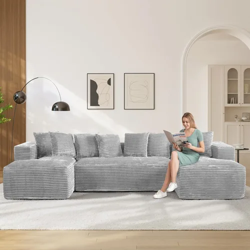 Vista 22 de Sofás seccionales en forma de U de gran tamaño de 131 pulgadas para sala de estar, cómodo sofá modular de pana esponjosa beige sin hueso, sofá