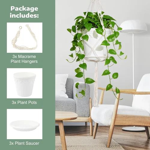 Vista 4 de Macetas colgantes con colgadores de macramé, juego de 3 macetas de riego automático, cestas de flores colgantes para plantas de interior y exterior