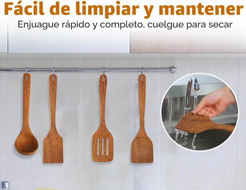 Vista 4 de Juego de 3 espátulas de madera natural, cuchara de cocina de madera maciza, antiadherente, utensilios de cocina ranurados, cucharas de madera