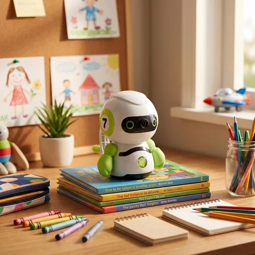 Vista 4 de Sacapuntas manual de diseño de robot con función de alimentación automática, mecanismo de manivela para estudiantes, niños, colores aleatorios