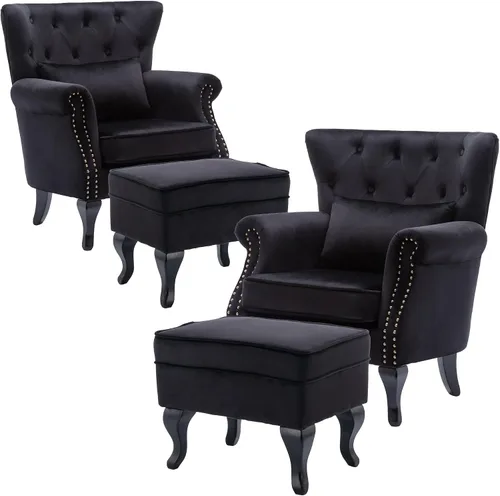 Vista 20 de Juego de 2 sillas decorativas modernas de mediados de siglo, sillón de tela de lino con respaldo acolchado/patas de madera, sillón de descanso